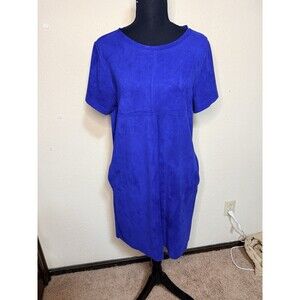 Joh Shift Dress Blue Faux Suede Short Sleeve Pockets Size Large Women's Career